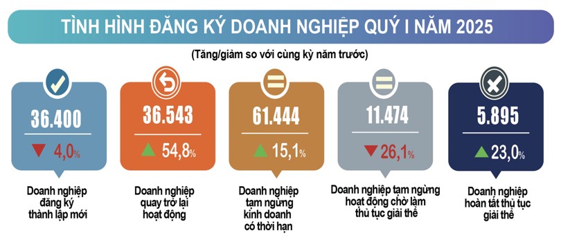 Quý 1/2025: Số doanh nghiệp thành lập mới giảm nhẹ, số doanh nghiệp tái gia nhập thị trường tăng mạnh