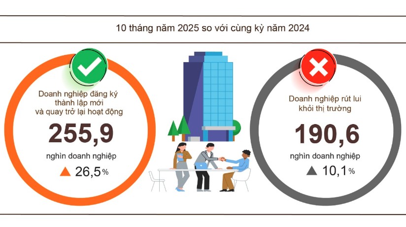10 th&aacute;ng năm 2025: Gần 256.000 doanh nghiệp gia nhập thị trường, vốn bổ sung tăng mạnh